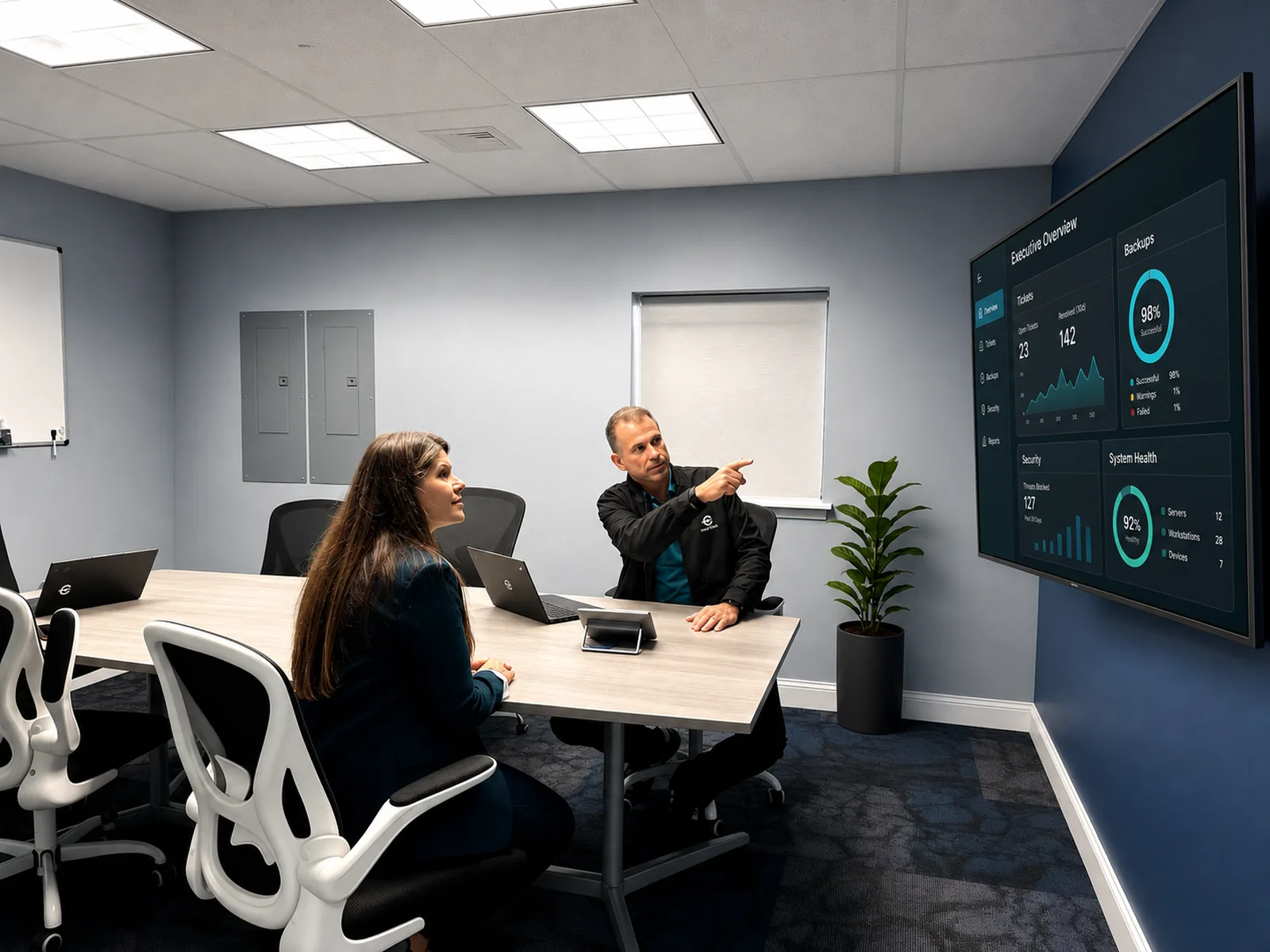 Dawn and Dave in a 3rd Element conference room reviewing an executive IT dashboard