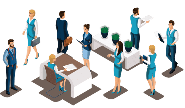animation of workers in an office sitting and standing